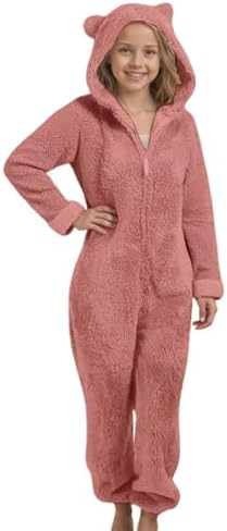 Girls Sherpa Fleece Zip Up Jumpsuits Fuzzy Fleece Onesies Cute One Piece Hooded Pajamas Cozy Sleepwear Pyjamas Lounge Wear Nightwear Winter Warm Loungewear