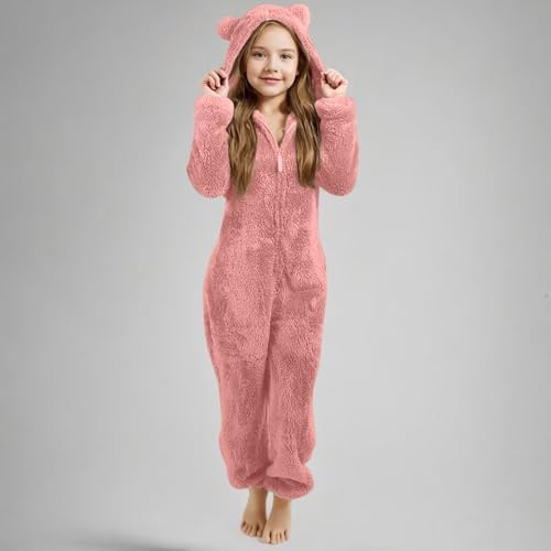 Girls Sherpa Fleece Zip Up Jumpsuits Fuzzy Fleece Onesies Cute One Piece Hooded Pajamas Cozy Sleepwear Pyjamas Lounge Wear Nightwear Winter Warm Loungewear