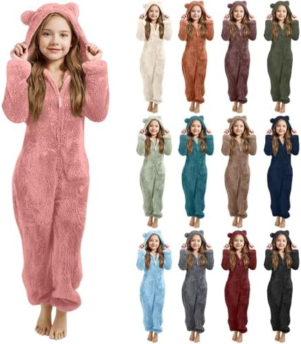 Girls Sherpa Fleece Zip Up Jumpsuits Fuzzy Fleece Onesies Cute One Piece Hooded Pajamas Cozy Sleepwear Pyjamas Lounge Wear Nightwear Winter Warm Loungewear