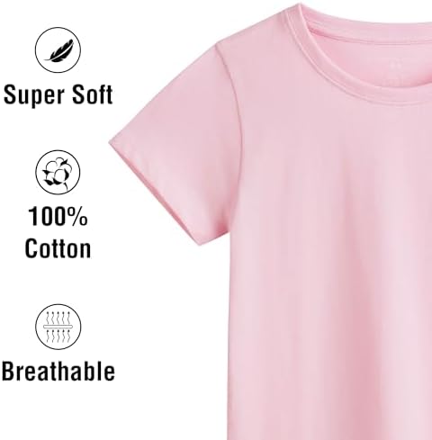 Girls Short Sleeve T-Shirts 4 Pack Multicoloured Breathable Shirt For Girls Comfortable Soft Hand Feel Tee Crew Neck 100% Cotton Top Size 2-13 Years
