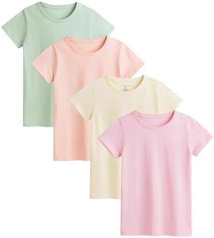 Girls Short Sleeve T-Shirts 4 Pack Multicoloured Breathable Shirt for Girls Comfortable Soft Hand Feel Tee Crew Neck 100% Cotton Top Size 2-13 Years