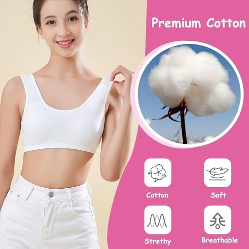 Girls Sports Bra CottonTraining Underwears With Fixed Bust Pad Teenage U Shape Back Bras Kids Seamless Sleep And Daily Crop Top For 10-18 Years 4 Pack