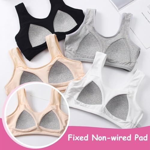 Girls Sports Bra CottonTraining Underwears With Fixed Bust Pad Teenage U Shape Back Bras Kids Seamless Sleep And Daily Crop Top For 10-18 Years 4 Pack