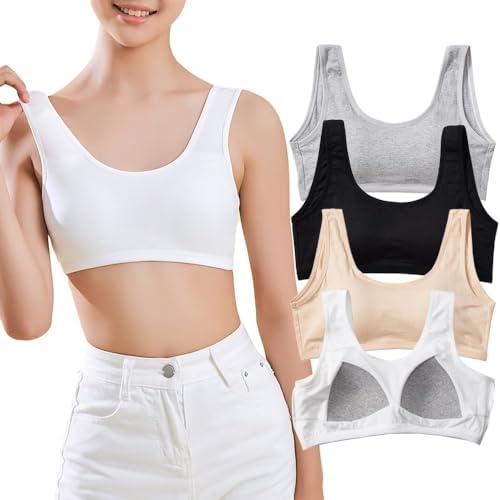 Girls Sports Bra CottonTraining Underwears with Fixed Bust Pad Teenage U Shape Back Bras Kids Seamless Sleep and Daily Crop Top for 10-18 Years 4 Pack