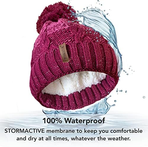 Girls STORMACTIVE 100% Waterproof Warm Cable Knit Winter Hat With Pompom Glitter Highlights And Thermal Cosy Liner