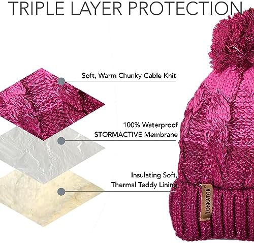 Girls STORMACTIVE 100% Waterproof Warm Cable Knit Winter Hat With Pompom Glitter Highlights And Thermal Cosy Liner