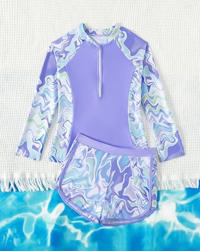 Girls Swimming Costume Padded Bras Long Sleeve Kid Swimsuit Two Pieces Swimming Suit Girl Swimwear With Swim Short 8-12 Years