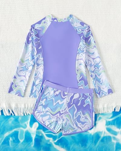 Girls Swimming Costume Padded Bras Long Sleeve Kid Swimsuit Two Pieces Swimming Suit Girl Swimwear With Swim Short 8-12 Years