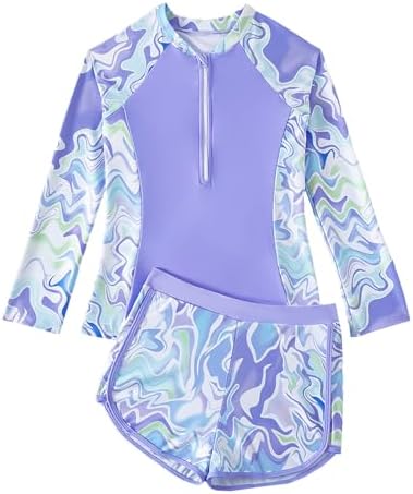Girls Swimming Costume Padded Bras Long Sleeve Kid Swimsuit Two Pieces Swimming Suit Girl Swimwear with Swim Short 8-12 Years