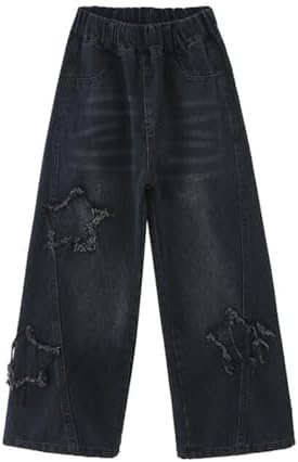 Girls Wide Leg Jeans Spring Trendy Baggy Wide Leg Denim Pants Cute Ripped Star Trousers Girls Distressed High Waist Comfy Pants Girls Size 16 Flare Jeans For Girls 12