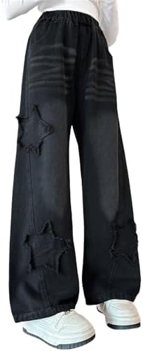 Girls Wide Leg Jeans Spring Trendy Baggy Wide Leg Denim Pants Cute Ripped Star Trousers Girls Distressed High Waist Comfy Pants Girls Size 16 Flare Jeans for Girls 12
