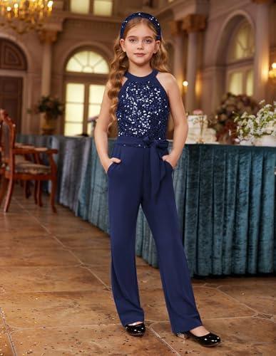 GRACE KARIN Girl's Sequin Jumpsuit With Pockets Sleeveless Playsuit Halter Neck Bodysuit For Kids Children's One Piece Outfit Rompers Jazz Dance Disco Costume