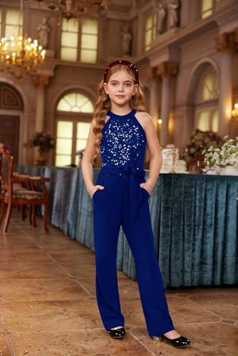GRACE KARIN Girl's Sequin Jumpsuit With Pockets Sleeveless Playsuit Halter Neck Bodysuit For Kids Children's One Piece Outfit Rompers Jazz Dance Disco Costume