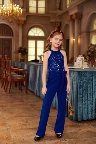 GRACE KARIN Girl's Sequin Jumpsuit With Pockets Sleeveless Playsuit Halter Neck Bodysuit For Kids Children's One Piece Outfit Rompers Jazz Dance Disco Costume