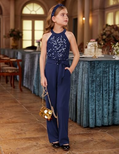 GRACE KARIN Girl's Sequin Jumpsuit With Pockets Sleeveless Playsuit Halter Neck Bodysuit For Kids Children's One Piece Outfit Rompers Jazz Dance Disco Costume