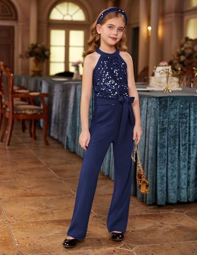 GRACE KARIN Girl's Sequin Jumpsuit With Pockets Sleeveless Playsuit Halter Neck Bodysuit For Kids Children's One Piece Outfit Rompers Jazz Dance Disco Costume