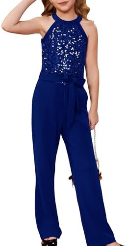 GRACE KARIN Girl's Sequin Jumpsuit with Pockets Sleeveless Playsuit Halter Neck Bodysuit for Kids Children's One Piece Outfit Rompers Jazz Dance Disco Costume