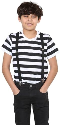 Grunge Wear® Boys Girls Striped Black White T-Shirt & Braces Set - Unisex Kids Halloween Fancy Dress Costume Age 5-13 Years