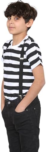 Grunge Wear® Boys Girls Striped Black White T-Shirt & Braces Set - Unisex Kids Halloween Fancy Dress Costume Age 5-13 Years