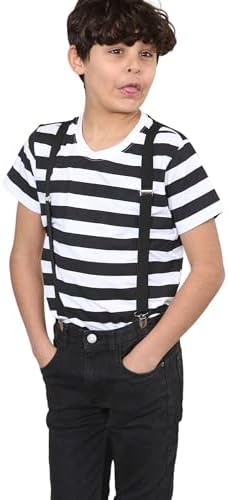 Grunge Wear® Boys Girls Striped Black White T-Shirt & Braces Set - Unisex Kids Halloween Fancy Dress Costume Age 5-13 Years
