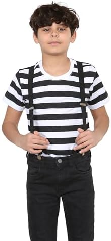 Grunge Wear® Boys Girls Striped Black White T-Shirt & Braces Set - Unisex Kids Halloween Fancy Dress Costume Age 5-13 Years