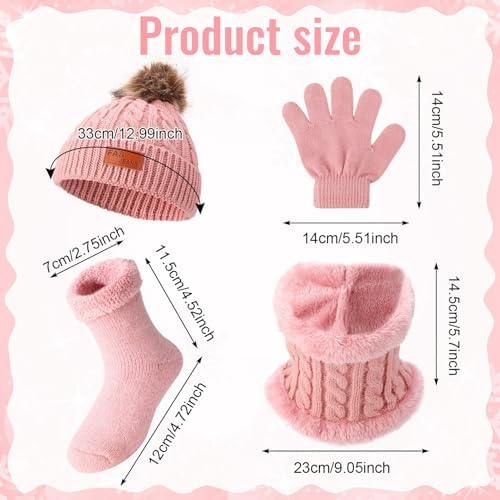 GSrenyu 4 Pack Kids Thermal Knit Hat Scarf Gloves & Socks Set - Pink Faux Fur For Girls 4-8