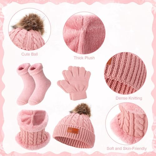 GSrenyu 4 Pack Kids Thermal Knit Hat Scarf Gloves & Socks Set - Pink Faux Fur For Girls 4-8