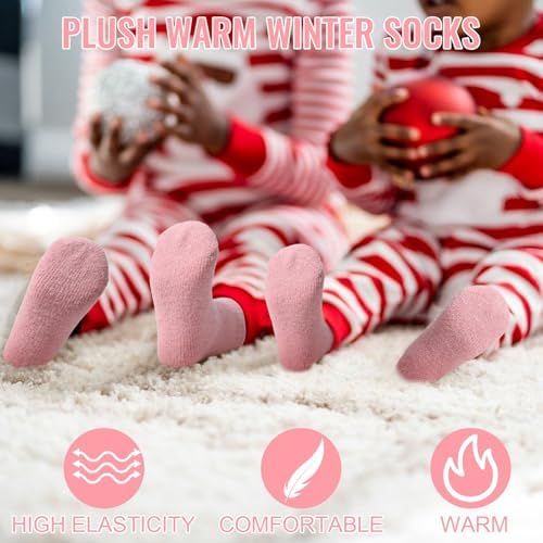 GSrenyu 4 Pack Kids Thermal Knit Hat Scarf Gloves & Socks Set - Pink Faux Fur For Girls 4-8