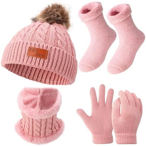 GSrenyu 4 Pack Kids Thermal Knit Hat Scarf Gloves & Socks Set - Pink Faux Fur for Girls 4-8