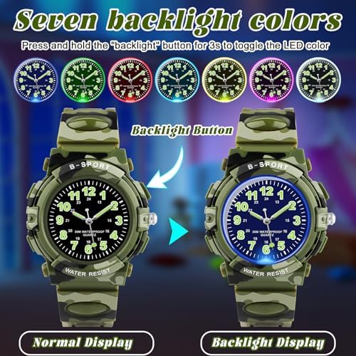GUUMUXIN Kids Analogue Watch With Colourful Lights 30M Waterproof Learning Watch For Boys And Girls Outdoor Sports Watches With TPU Strap For 5-16 Years Old