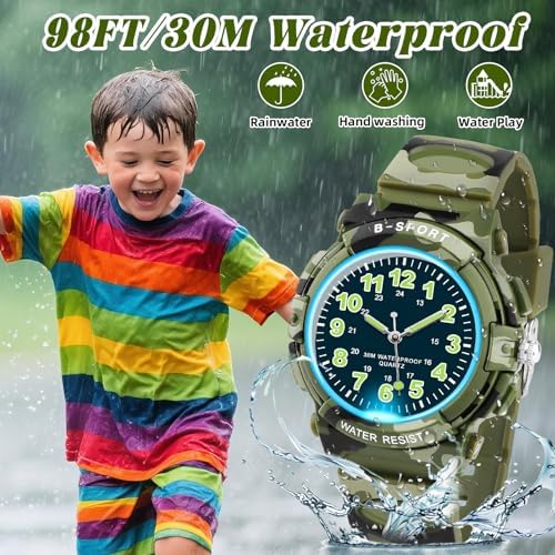 GUUMUXIN Kids Analogue Watch With Colourful Lights 30M Waterproof Learning Watch For Boys And Girls Outdoor Sports Watches With TPU Strap For 5-16 Years Old