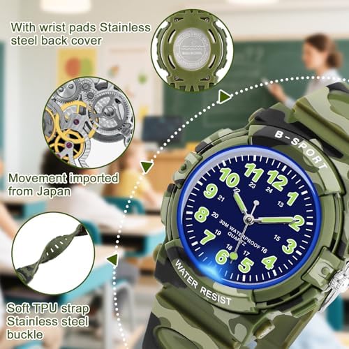 GUUMUXIN Kids Analogue Watch With Colourful Lights 30M Waterproof Learning Watch For Boys And Girls Outdoor Sports Watches With TPU Strap For 5-16 Years Old