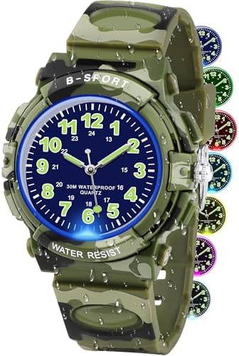 GUUMUXIN Kids Analogue Watch with Colourful Lights 30M Waterproof Learning Watch for Boys and Girls Outdoor Sports Watches with TPU Strap for 5-16 Years Old