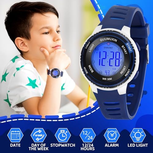 GUUMUXIN Kids Digital Watch Kids Sports Watch With 7 Colour Indicator Light Acrylic Watch Screen 3 ATM Waterproof Strap Wristwatch For Girls Boys 6-16