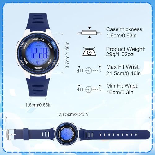 GUUMUXIN Kids Digital Watch Kids Sports Watch With 7 Colour Indicator Light Acrylic Watch Screen 3 ATM Waterproof Strap Wristwatch For Girls Boys 6-16