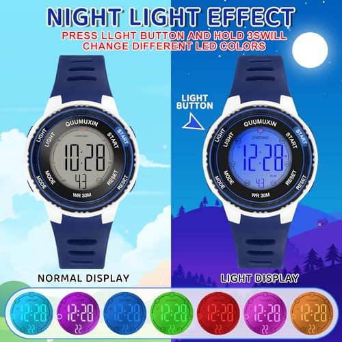 GUUMUXIN Kids Digital Watch Kids Sports Watch With 7 Colour Indicator Light Acrylic Watch Screen 3 ATM Waterproof Strap Wristwatch For Girls Boys 6-16