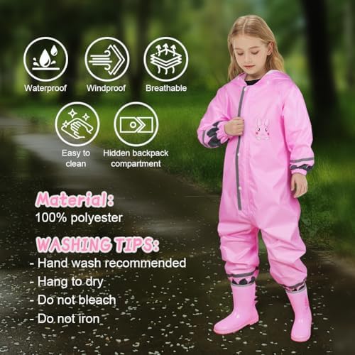 HAGOT Raincoat Hooded Kids Puddle Suit All In One Waterproof Suit Lightweight Portable Rainwear Muddy Suit Reusable Rain Jacket Suit For Childs 5-10 Years