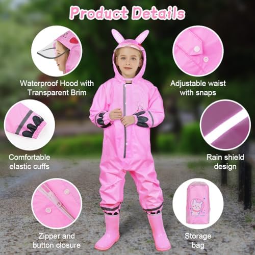 HAGOT Raincoat Hooded Kids Puddle Suit All In One Waterproof Suit Lightweight Portable Rainwear Muddy Suit Reusable Rain Jacket Suit For Childs 5-10 Years