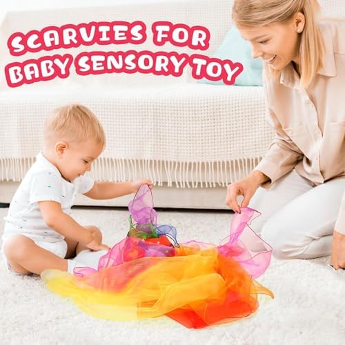 HAKOFS Sensory Scarves - 8 Pcs Rainbow Colour Baby Sensory Toys Dance Juggling Scarfs Silk Performance Props Accessories 60 X 60 Cm For Children Baby Adult Play