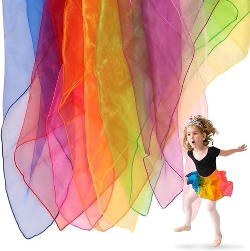HAKOFS Sensory Scarves - 8 Pcs Rainbow Colour Baby Sensory Toys Dance Juggling Scarfs Silk Performance Props Accessories 60 x 60 cm for Children Baby Adult Play