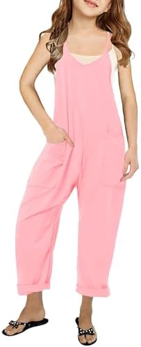 Haloumoning Girls' Casual Sleeveless Jumpsuits Spaghetti Strap Loose Romper Long Pants with Pockets