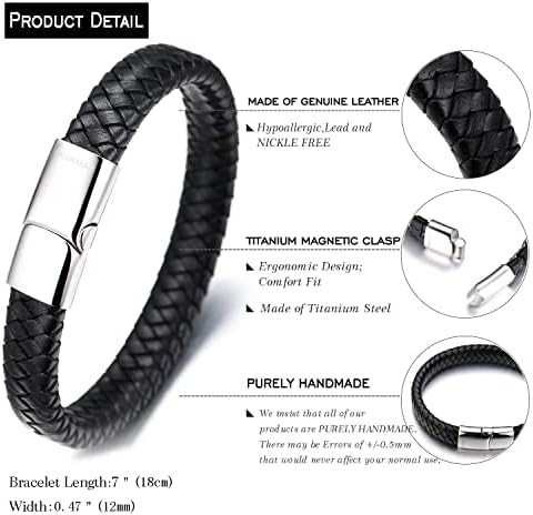 HALUKAKAH Kids Jewelry ● Solo Junior ● Leather Bracelet In Classic Black/Brown For 6 To 15-Year-Olds Featuring Exquisite Golden/Silver/Black Titanium Magnetic Clasp Size 7+0.7"(18+1.5cm) With Giftbox