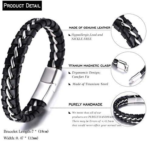 HALUKAKAH Kids ● Solo Junior ● Boy's Genuine Leather Bracelet Black 6-12+3 Y/O. Titanium Golden/Silver Chain Magnetic Clasp 2 Sizes 7"+0.7"(18+1.5cm) With Free Giftbox