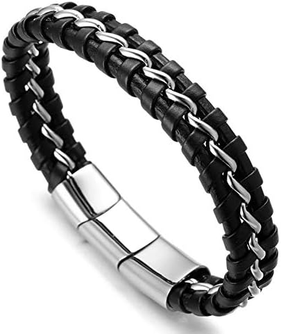 HALUKAKAH Kids ● Solo Junior ● Boy's Genuine Leather Bracelet Black 6-12+3 Y/O. Titanium Golden/Silver Chain Magnetic Clasp 2 Sizes 7"+0.7"(18+1.5cm) With Free Giftbox