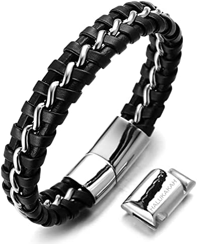 HALUKAKAH Kids ● Solo Junior ● Boy's Genuine Leather Bracelet Black 6-12+3 Y/O. Titanium Golden/Silver Chain Magnetic Clasp 2 Sizes 7"+0.7"(18+1.5cm) with Free Giftbox