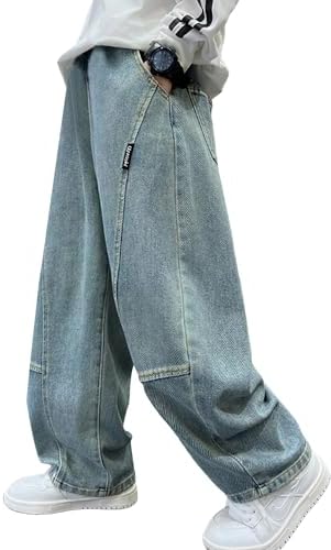Happy Cherry Baggy Jeans for Boys Straight Leg Trousers Loose Denim Pants with Pockets for Casual School Daily