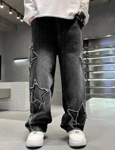 Happy Cherry Baggy Jeans For Boys Wide Leg Denim Cargo Pants Elastic Waist Kid Jean With Pockets