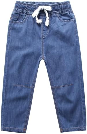 Happy Cherry - Boy Denim Pants Kids Boot Cut Jeans Elasti Waist Casual Summer Pants Cotton Stretch Trousers Loose Fit Breathable with Adjustable Drawstring for Child Age 2-12 Years