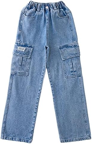 Happy Cherry - Girls Jeans Kid Denim Pants Loose Wide-leg Ripped Pant Child Baggy Trousers Outfits Elasticated High-waisted Straight Jeans Light Blue Fashion Casual Cute With Pockets Age 5-15 Years