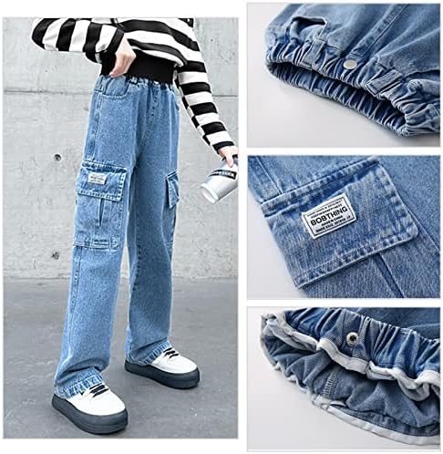 Happy Cherry - Girls Jeans Kid Denim Pants Loose Wide-leg Ripped Pant Child Baggy Trousers Outfits Elasticated High-waisted Straight Jeans Light Blue Fashion Casual Cute With Pockets Age 5-15 Years